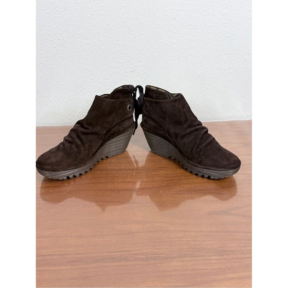 Fly London Yama Dark Brown Suede Wedge Ankle Booties with Back Tie 38
